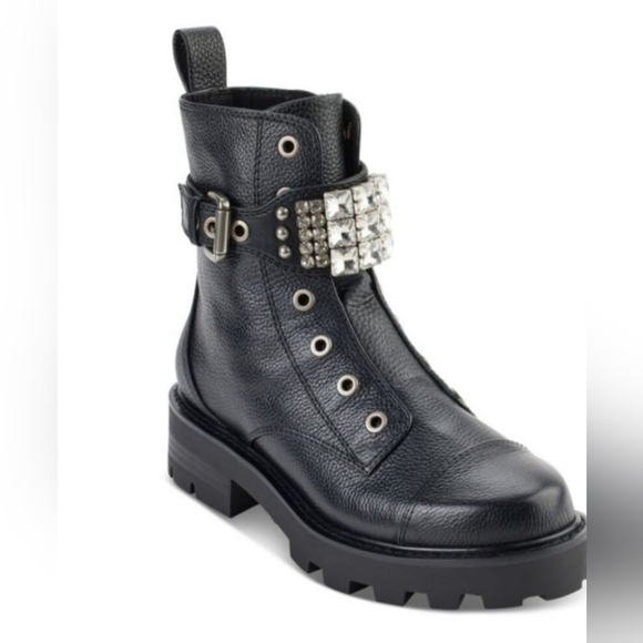 Karl Lagerfeld Paris Women's Maeva Combat Boot Crystal Embellished Buckles 7.5 - Picture 1 of 8